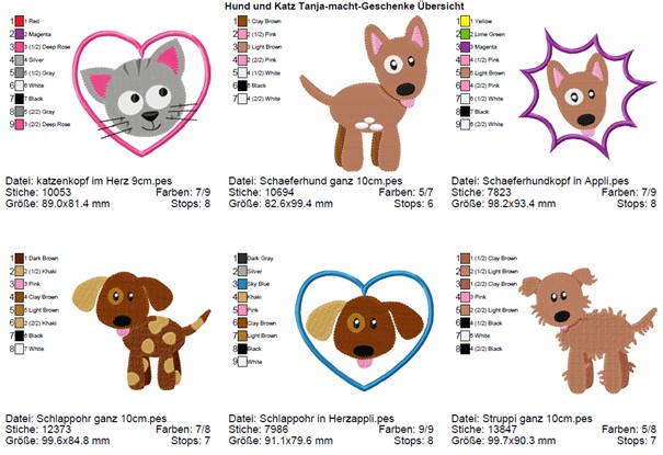 Bild 1 von Hund und Katz Set von 19 Stickdateien 5-10cm für den 10x10cm Stickrahmen