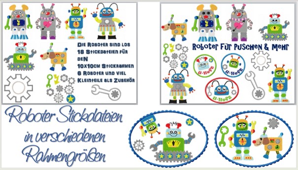 Bild 1 von Roboter Stickdateien - verschiedene Sets 10x10 und Puschen sowie 2 Taschenblätter
