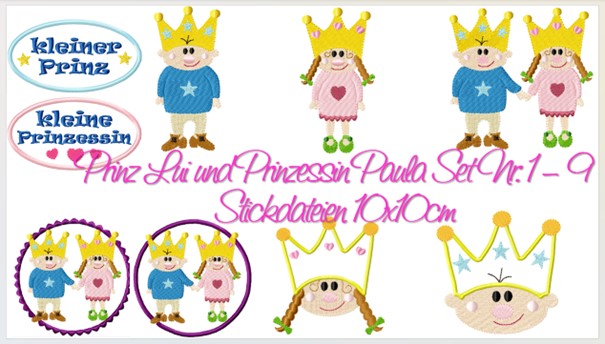 Bild 1 von Prinz Lui und Prinzessin Paula Set Nr. 1 - 9 Stickdateien 10x10cm